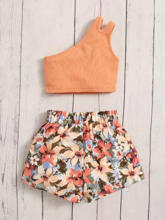 Baby One Shoulder Cut Out Top & Floral Print Paperbag Waist Shorts - Image 2