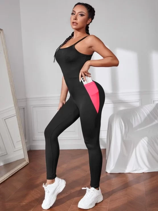 Colorblock Crisscross Backless Phone Pocket Sports Jumpsuit - Image 2