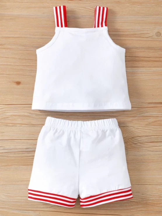 Baby Heart & Slogan Graphic Striped Wide Straps Top & Shorts - Image 3