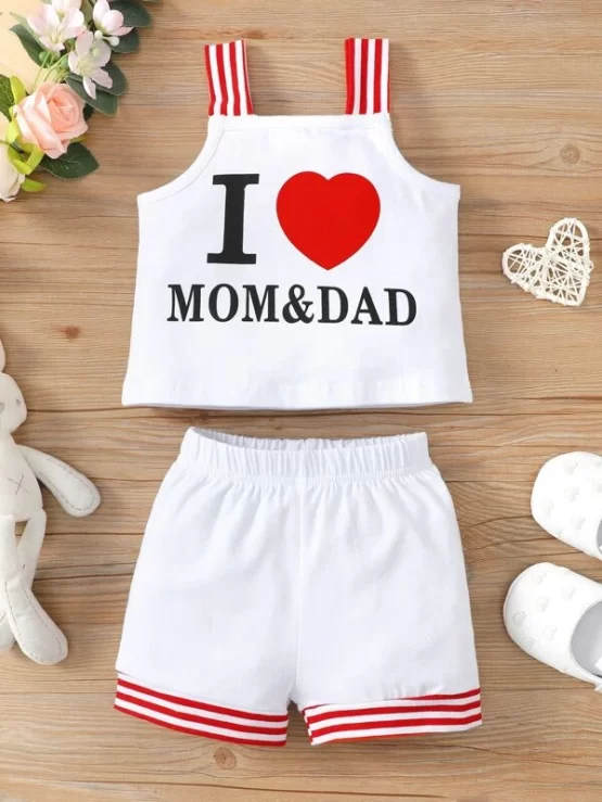 Baby Heart & Slogan Graphic Striped Wide Straps Top & Shorts - Image 2