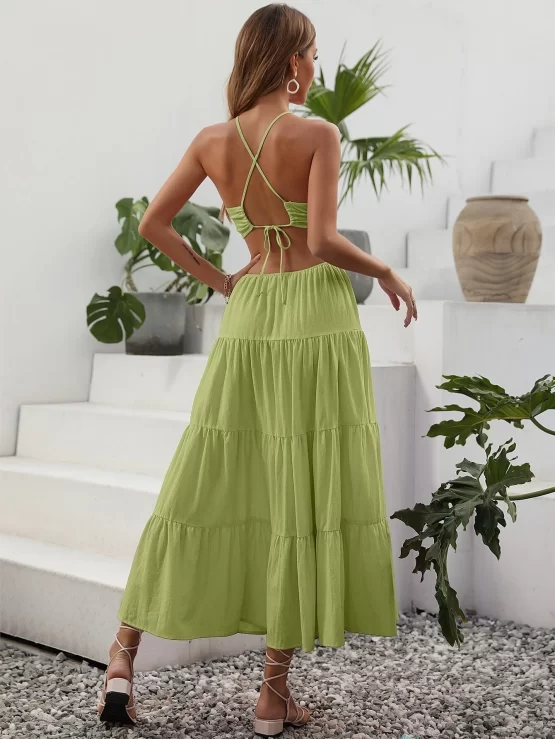 Criss Cross Tie Backless Cut Out Ruffle Hem Split Thigh Dress - Image 4