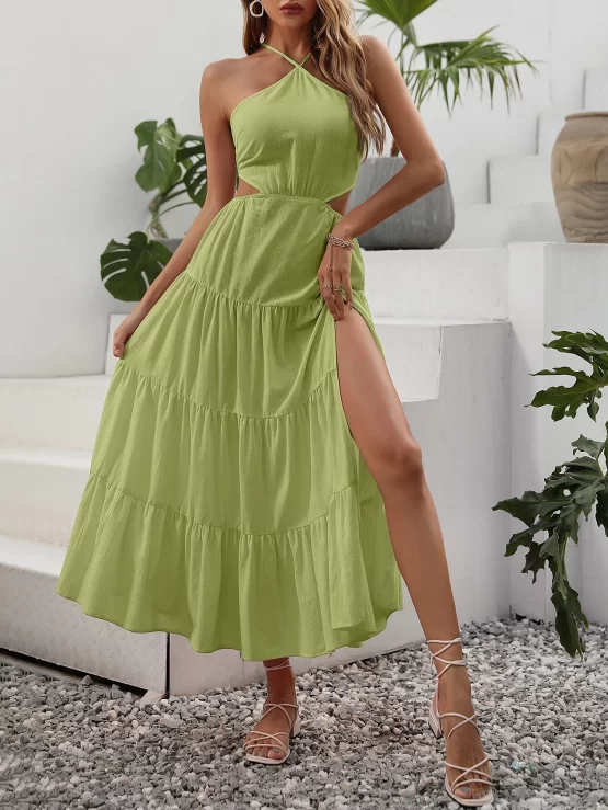 Criss Cross Tie Backless Cut Out Ruffle Hem Split Thigh Dress - Image 5
