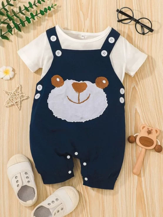 Baby Solid Tee & Cartoon Graphic Overall Shorts - Image 4