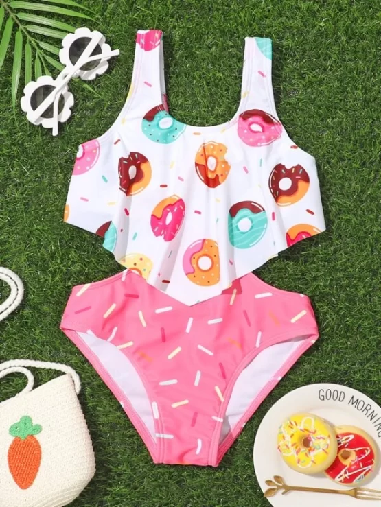 Baby Random Donut Print Cut Out One Piece Swimsuit