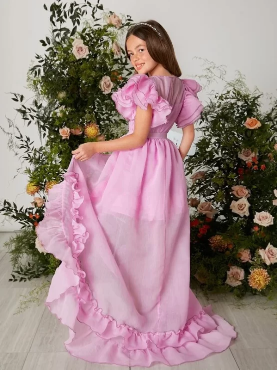 Girls Tiered Layer Ruffle Hem Sleeve Dress With Skirt