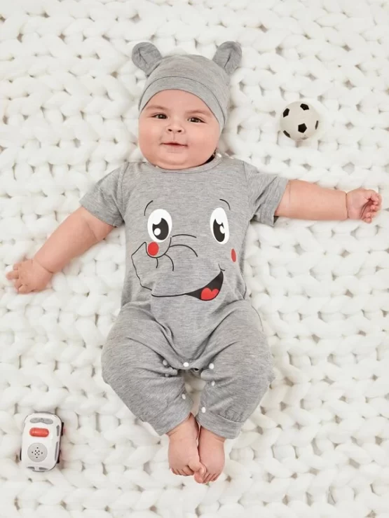 Baby Cartoon Button Graphic Tee Jumpsuit & Hat