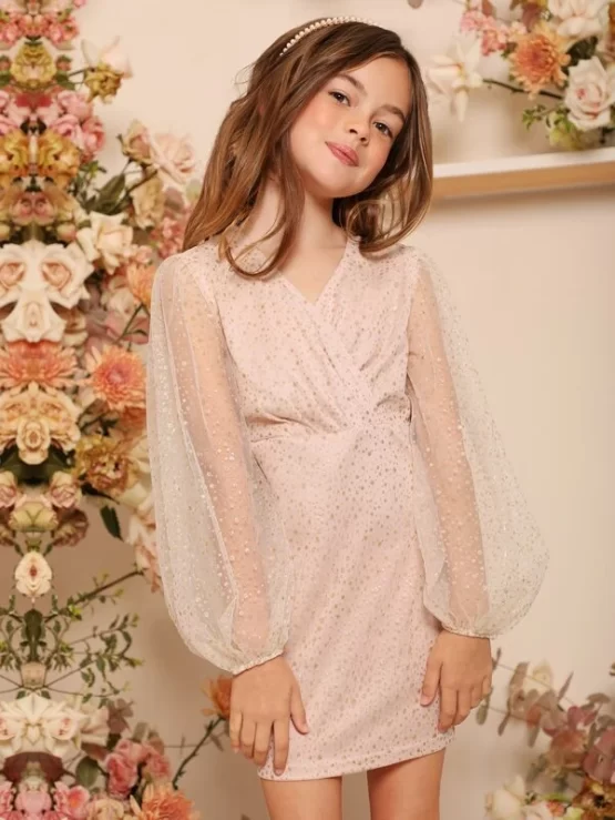 Girls Surplice Neck Lantern Party Sleeve Dress - Image 4