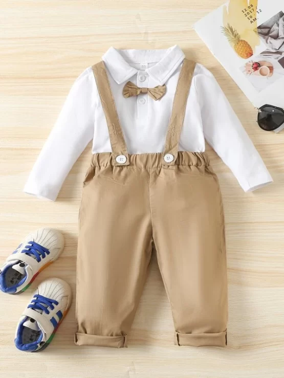 Baby Bow Front Polo Neck Bodysuit & Suspender Pants