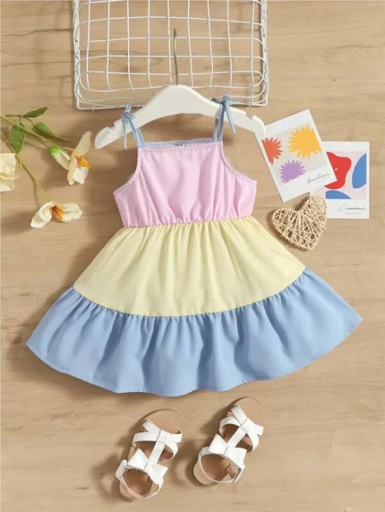 Baby Cute Color Block Ruffle Hem Cami Dress