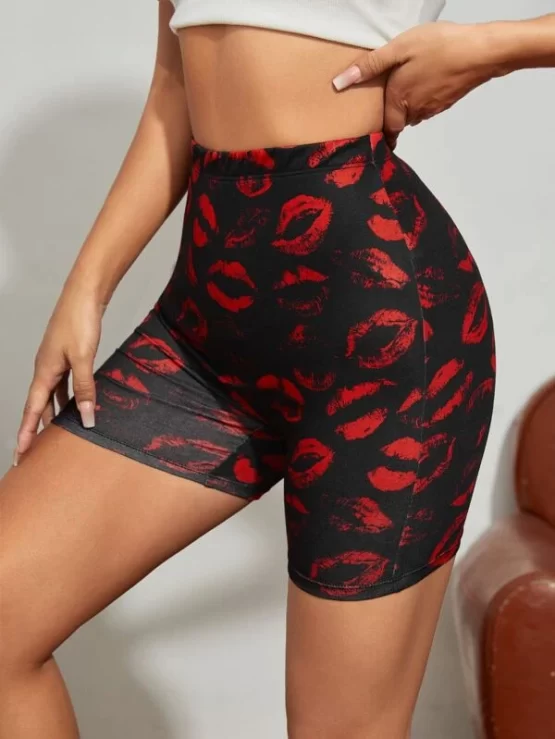 High Waist Casual Figure Lips Print Biker Shorts