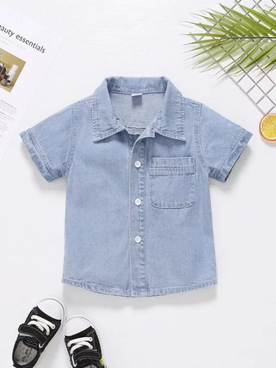Baby Patched Pocket Button Front Denim Sleeve Shirt - Image 6