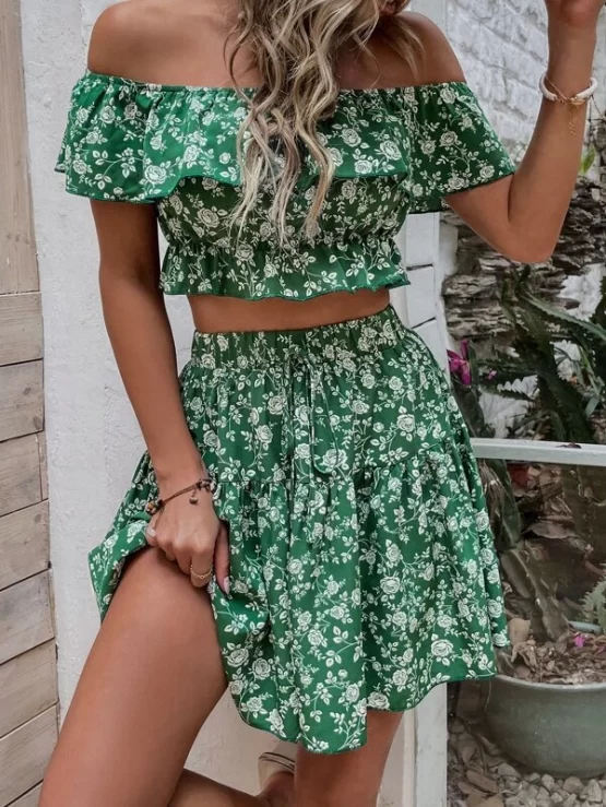 All Over Floral Print Off Shoulder Ruffle Trim Crop Top & Skirt
