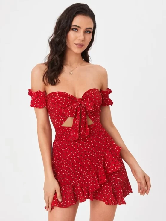 Ditsy Floral Off Shoulder Shirred Detail Ruffle Hem Dress