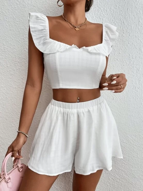 Ruffle Trim Shirred Boho Back Crop Top & Shorts