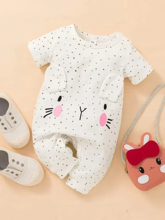 Baby Cartoon & Polka Dot 3D Ears Design Print Jumpsuit
