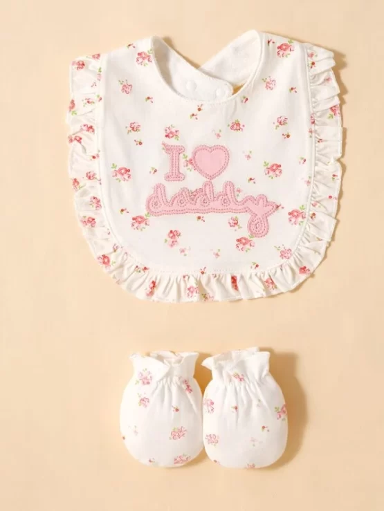 One piece Baby Flower Pattern Bib & One Pair Gloves
