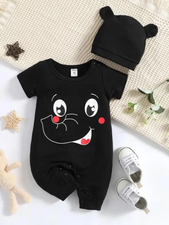 Baby Cartoon Button Graphic Tee Jumpsuit & Hat - Image 8