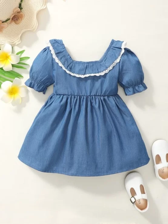 Baby Contrast Lace Ruffle Denim Trim Dress