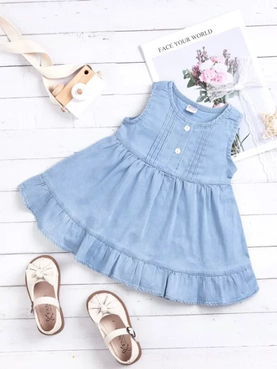 Baby Ruffle Hem Button Front Denim Dress