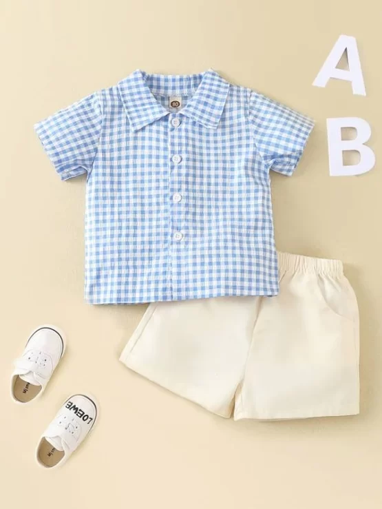 Baby Gingham Pocket Button Front Print Shirt & Shorts