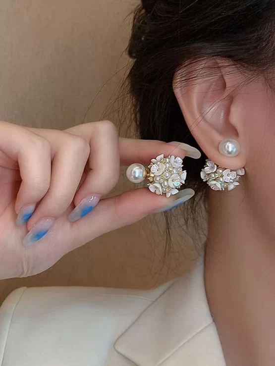 Two Pieces Rhinestone Faux Pearl Flower Earrings