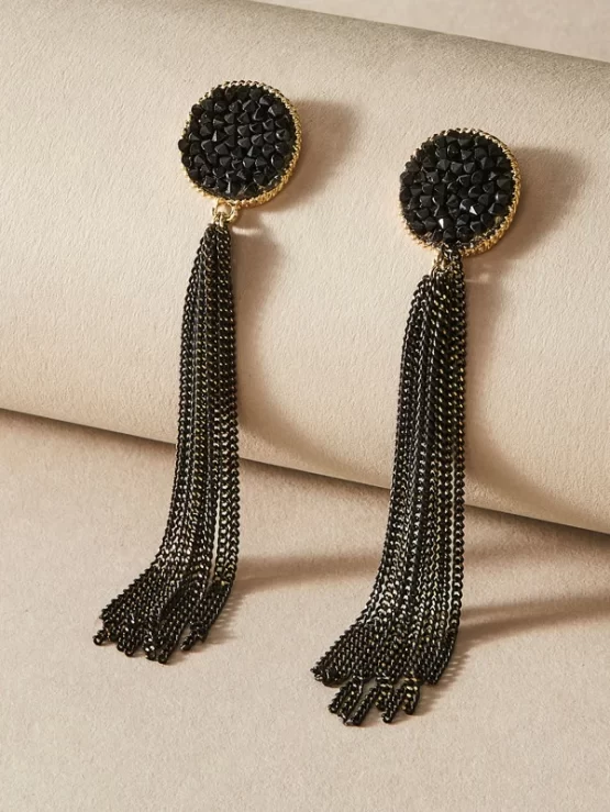 One Pair Glamorous Crystal Decor Tassel Drop Earrings
