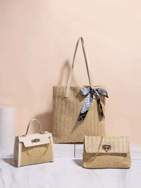 Three Pieces Twilly Scarf Straw Decor Bag Set