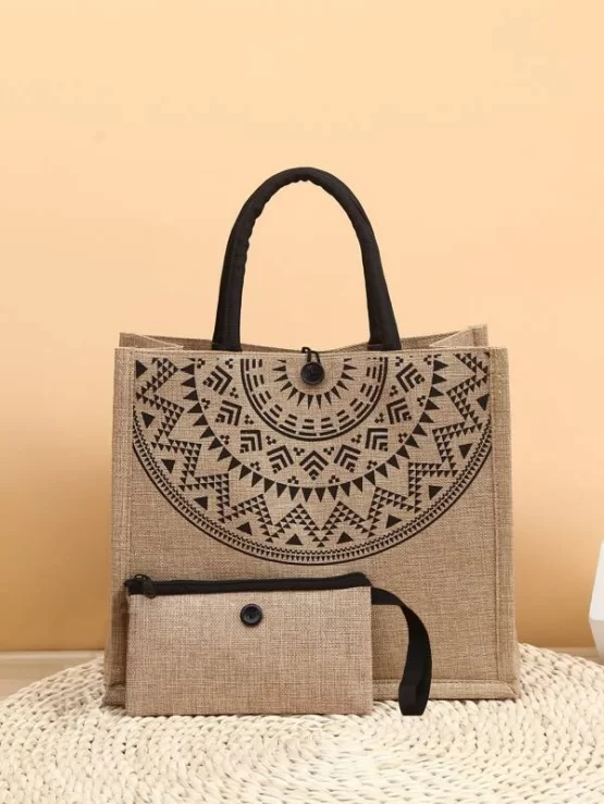 Geometric Graphic Top Handle Bag With Clutch Bag