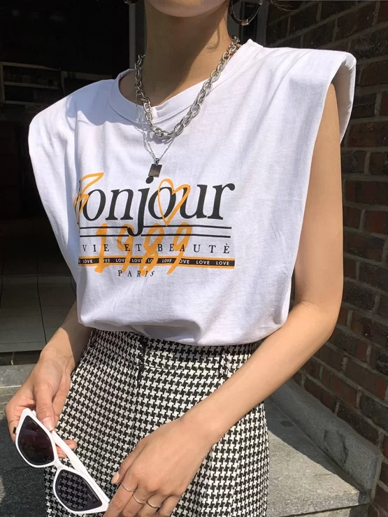 DAZY Casual Letter Print Shoulder Pad Tank Top