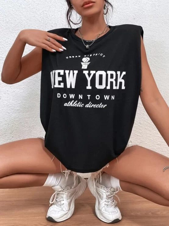 Letter Casual Graphic Shoulder Pad Tank Top