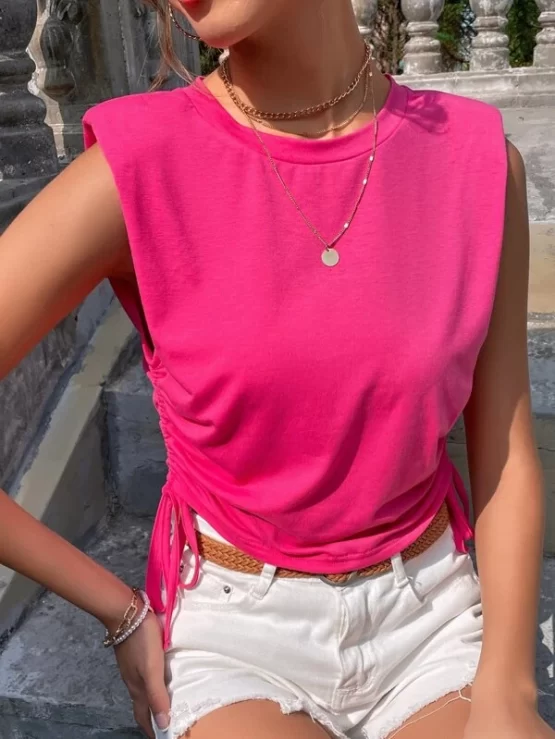 Shoulder Casual Plain Pad Drawstring Side Tank Top