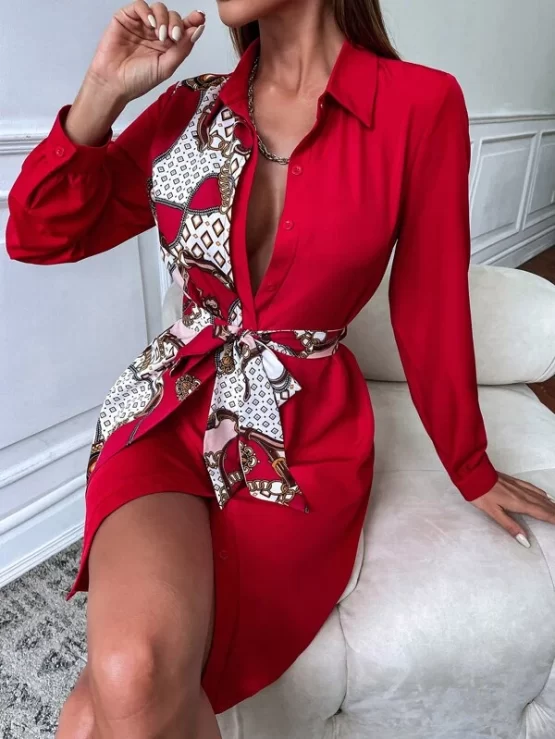 Elegant Argyle & Chain Print Belted Shirt Dress