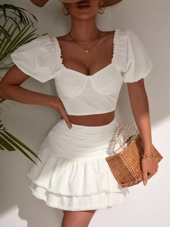 Sweetheart Neck Puff Sleeve Crop Top & Ruched Ruffle Hem Skirt Set
