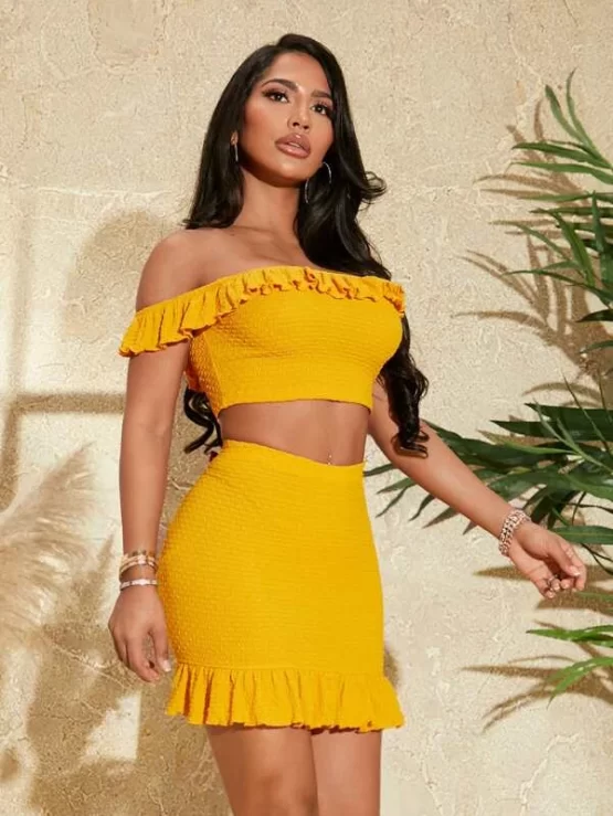 Off Shoulder Ruffle Trim Top & Bodycon Skirt