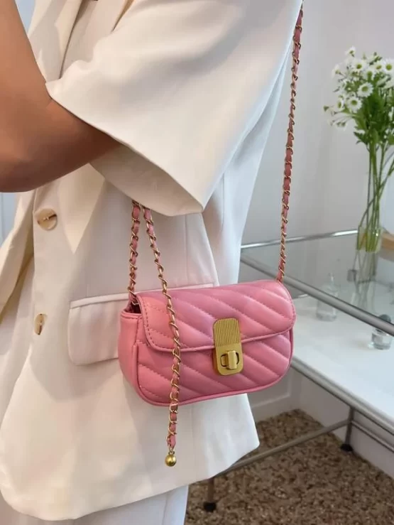 Mini Stitch Detail Metal Lock Design Chain Square Bag