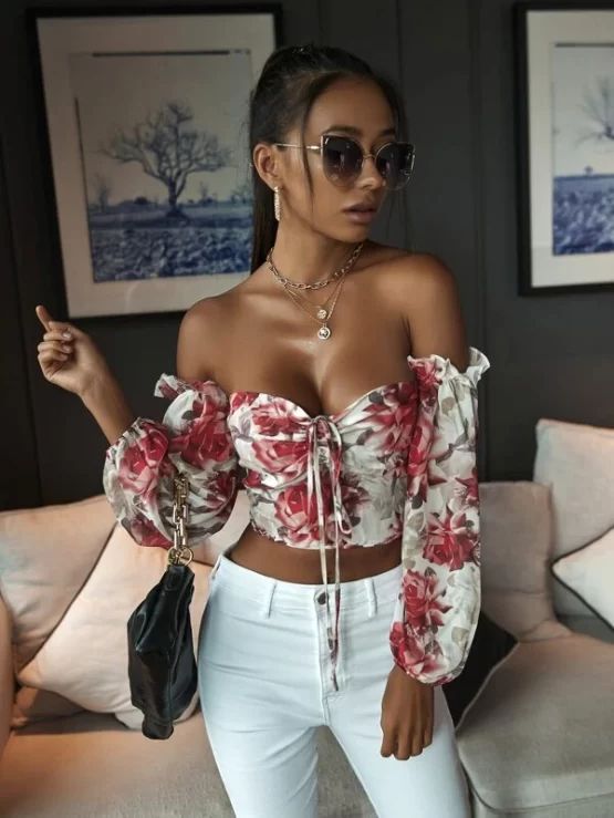 Floral Print Tie Front Off Shoulder Crop Shirred Blouse