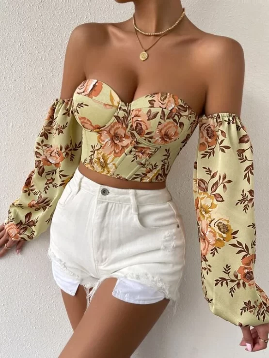 Floral Print Off Shoulder Lantern Grommet Lace Up Crop Sleeve Blouse