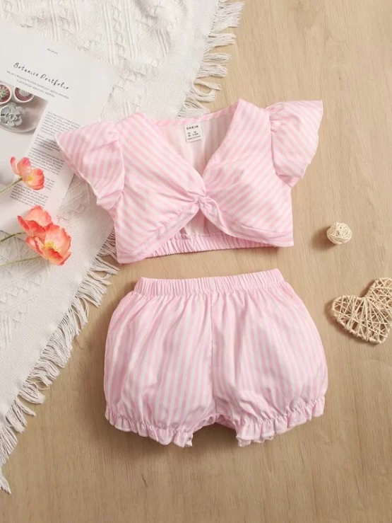 Baby Striped Twist Butterfly Sleeve Crop Top & Shorts Without Headband