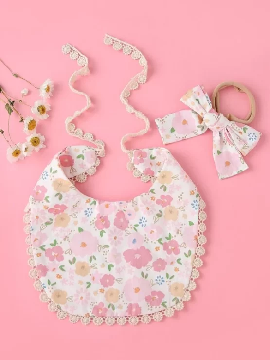 Baby Two Pieces Floral Pattern Bib & Headband