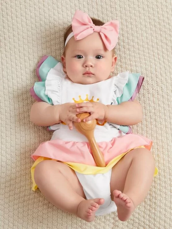 Baby Letter & Crown Print Layered Ruffle Overall Bodysuit & Headband