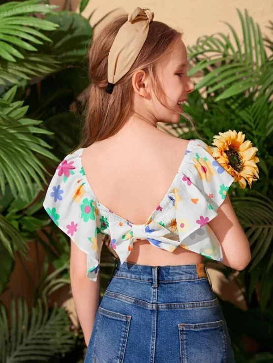 Girls Floral Print Shirred Bow Back Butterfly Sleeve Crop Blouse
