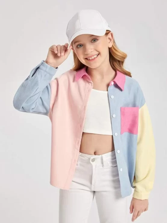 Girls Casual Color Block Pocket Button Front Blouse