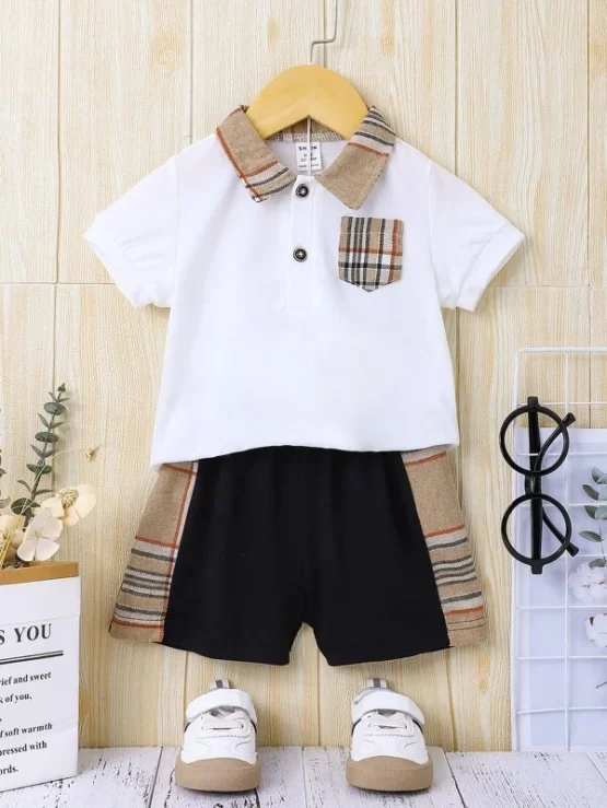 Baby Plaid Patched Pocket Polo Shirt & Shorts
