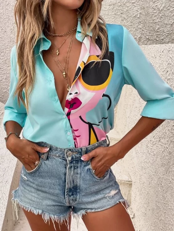 Figure Casual Collar Graphic Button Front Blouse