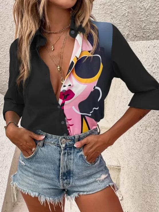 Figure Casual Collar Graphic Button Front Blouse - Image 9