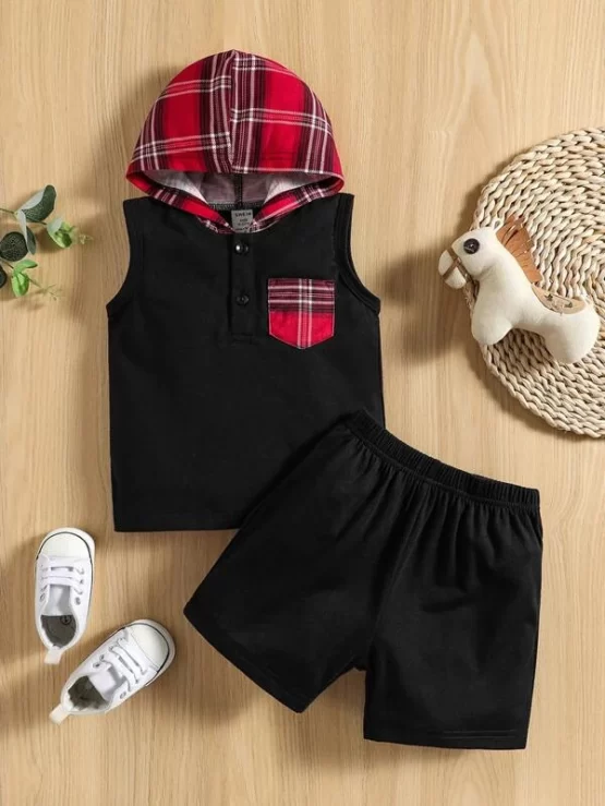 Baby Plaid Print Hooded Pocket Tank Top & Shorts