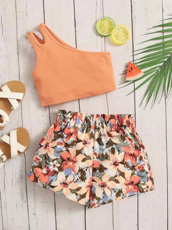 Baby One Shoulder Cut Out Top & Floral Print Paperbag Waist Shorts