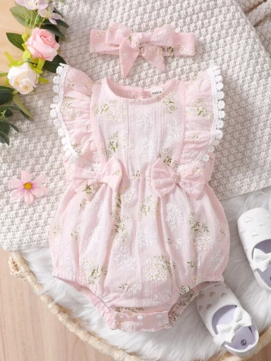 Baby Floral Print Ruffle Trim Bow Front Bodysuit With Headband