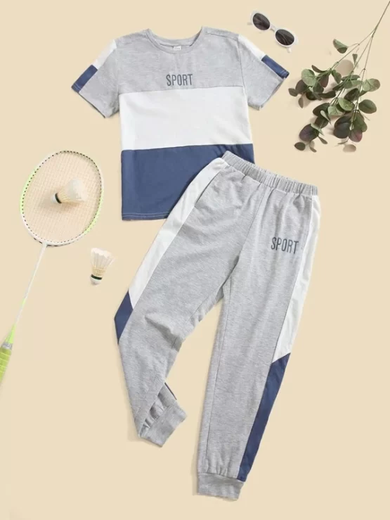 Boys Letter and Color Block Top & Sweatpants