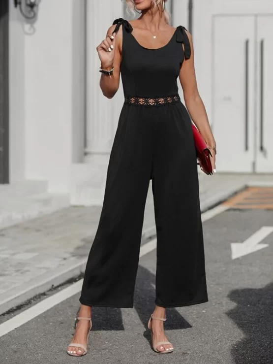 Solid Contrast Lace Trim Knot Detail Tank Jumpsuit